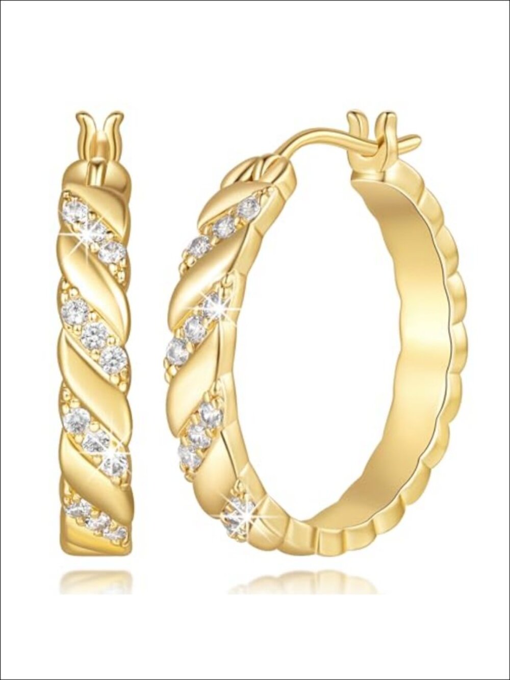 14K Gold Plated Hoop Earrings Cubic Zirconia Latch Back Women
